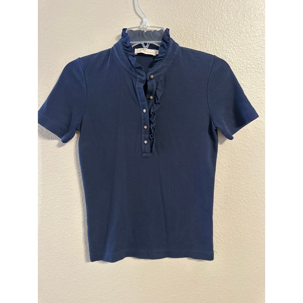 Tory‎ Burch Navy Blue Short Sleeve Ruffle Collar Polo Shirt Top XXS